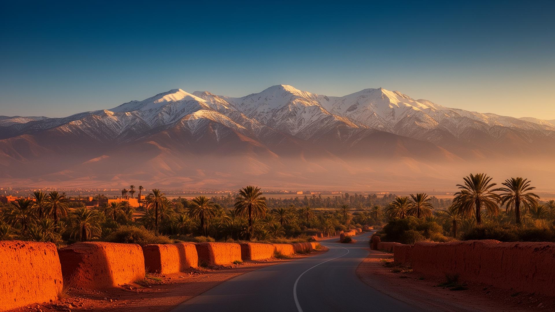 Sommets enneigés du Haut Atlas vus depuis Marrakech au coucher du soleil